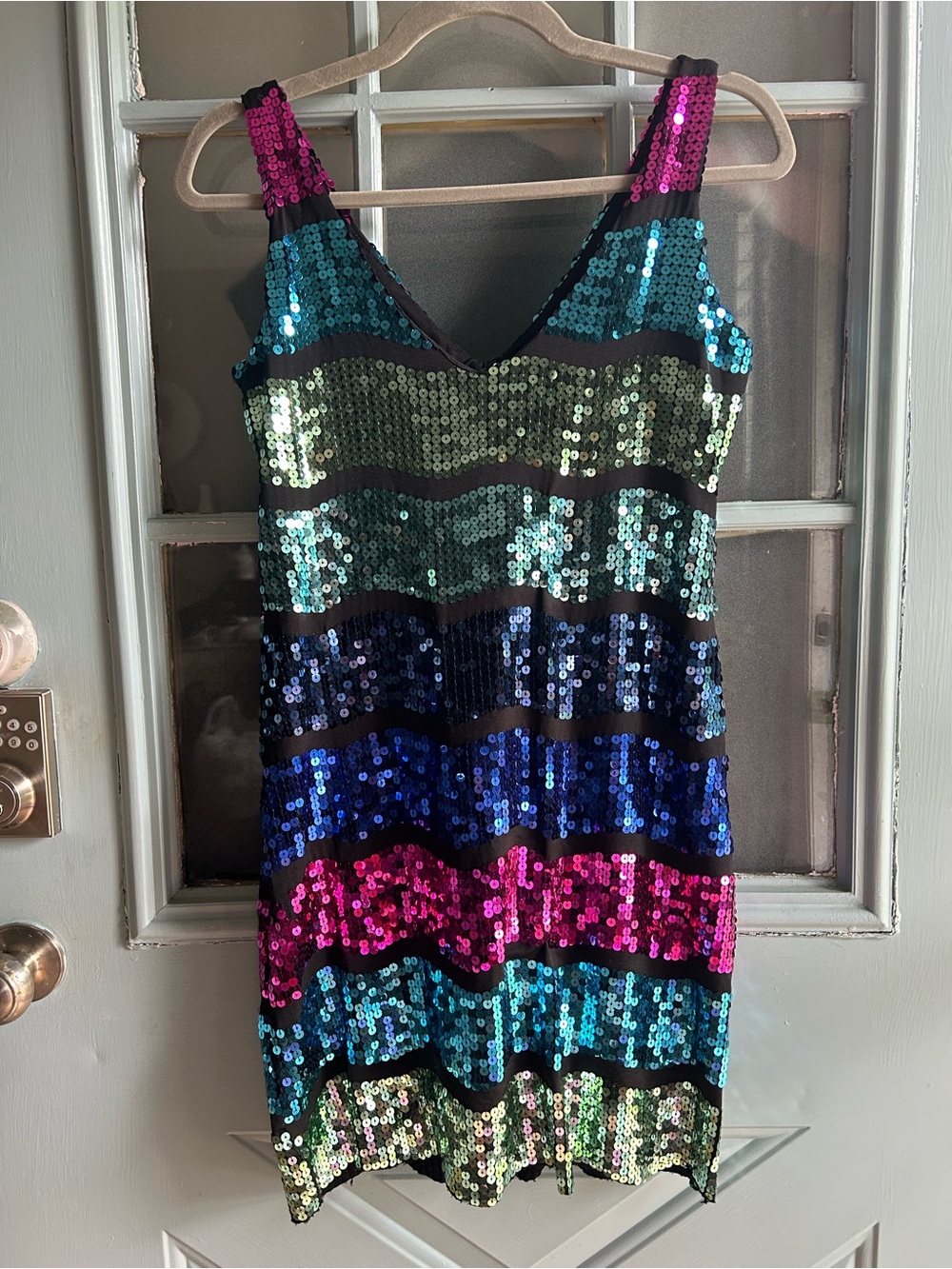 Vintage 80’s 90’s Retro Sequin Colorful Sparkle Groovy Mini A-Line Dress Large